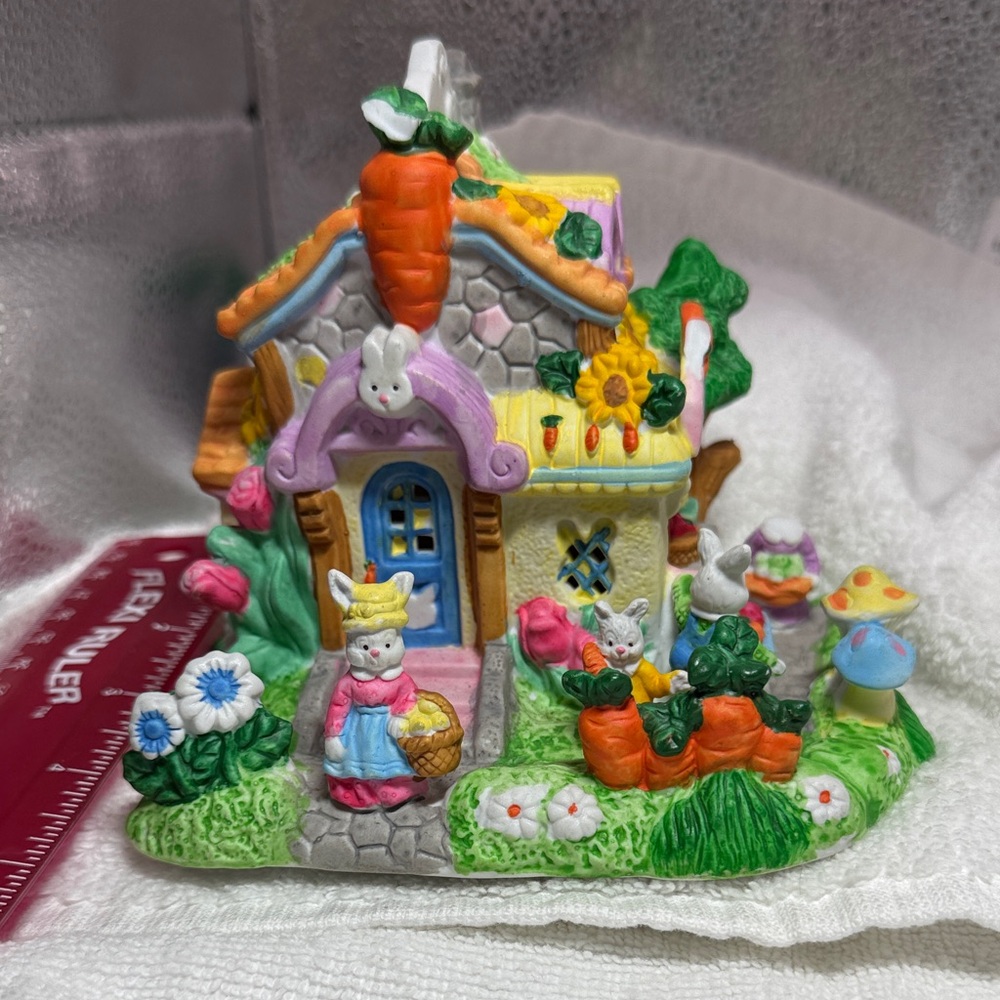 Pastel Bunny Cottage Figurine - Multicolor Decorative Accent